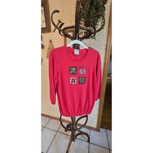 Alison Daley Red Knit Sweater Animal Print Floral Patch 3/4 Sleeve Medium